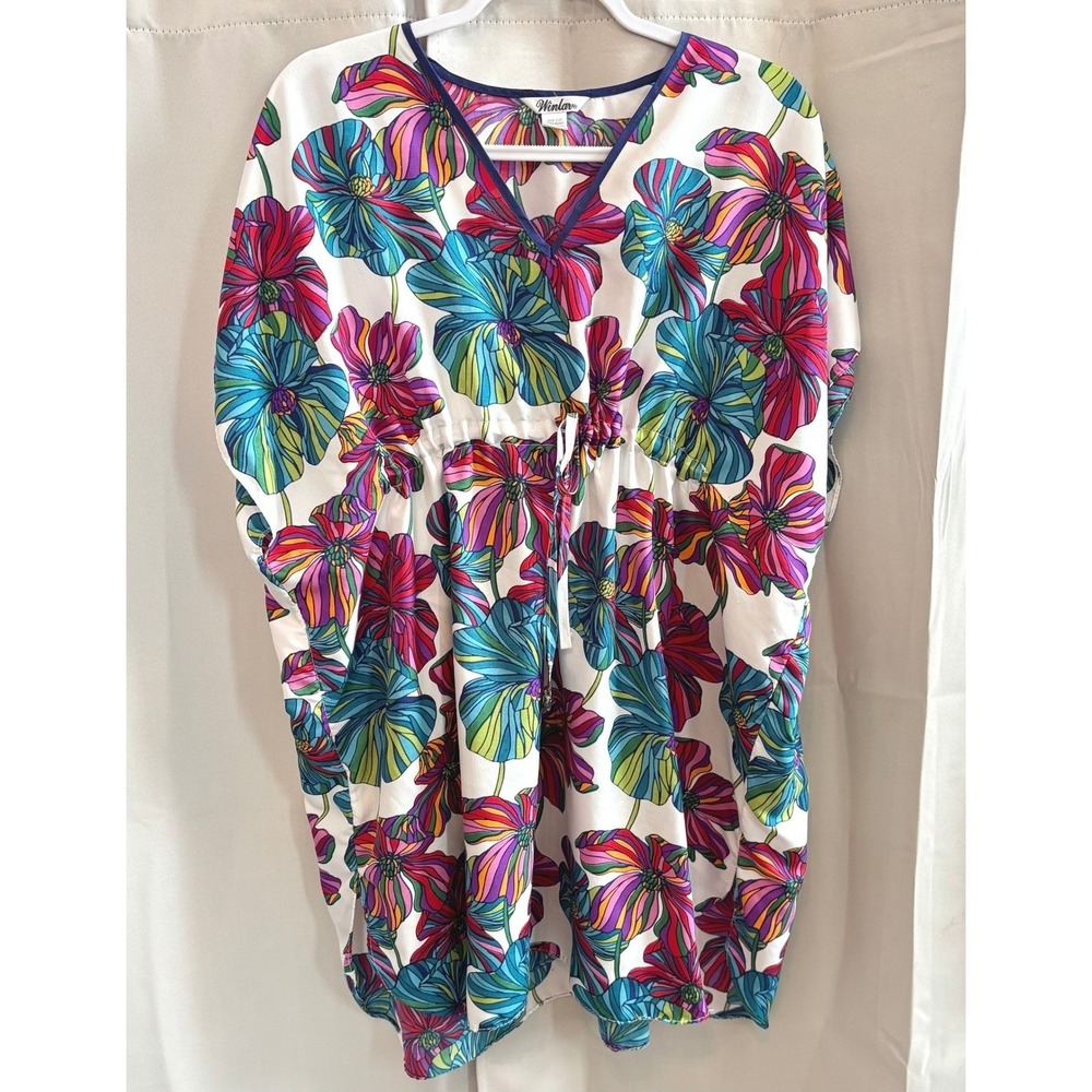 Floral Kaftan Top Swim Cover Up One Size Bright Floral Tropical Beachy 19798